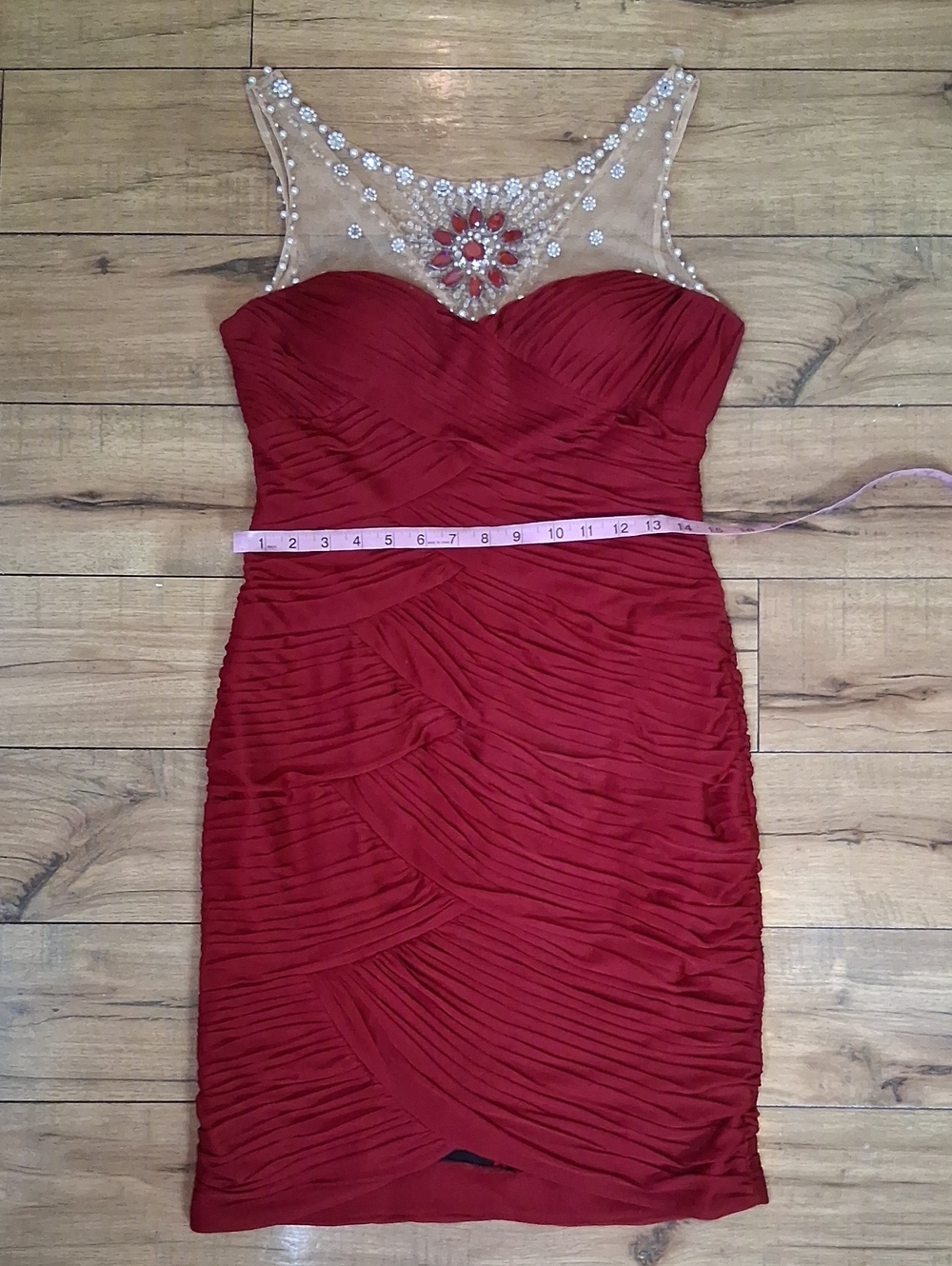 Adrianna Papell Deep Red Beaded Illusion Neck Cocktail Pleated Dress Medium - Picture 14 of 16